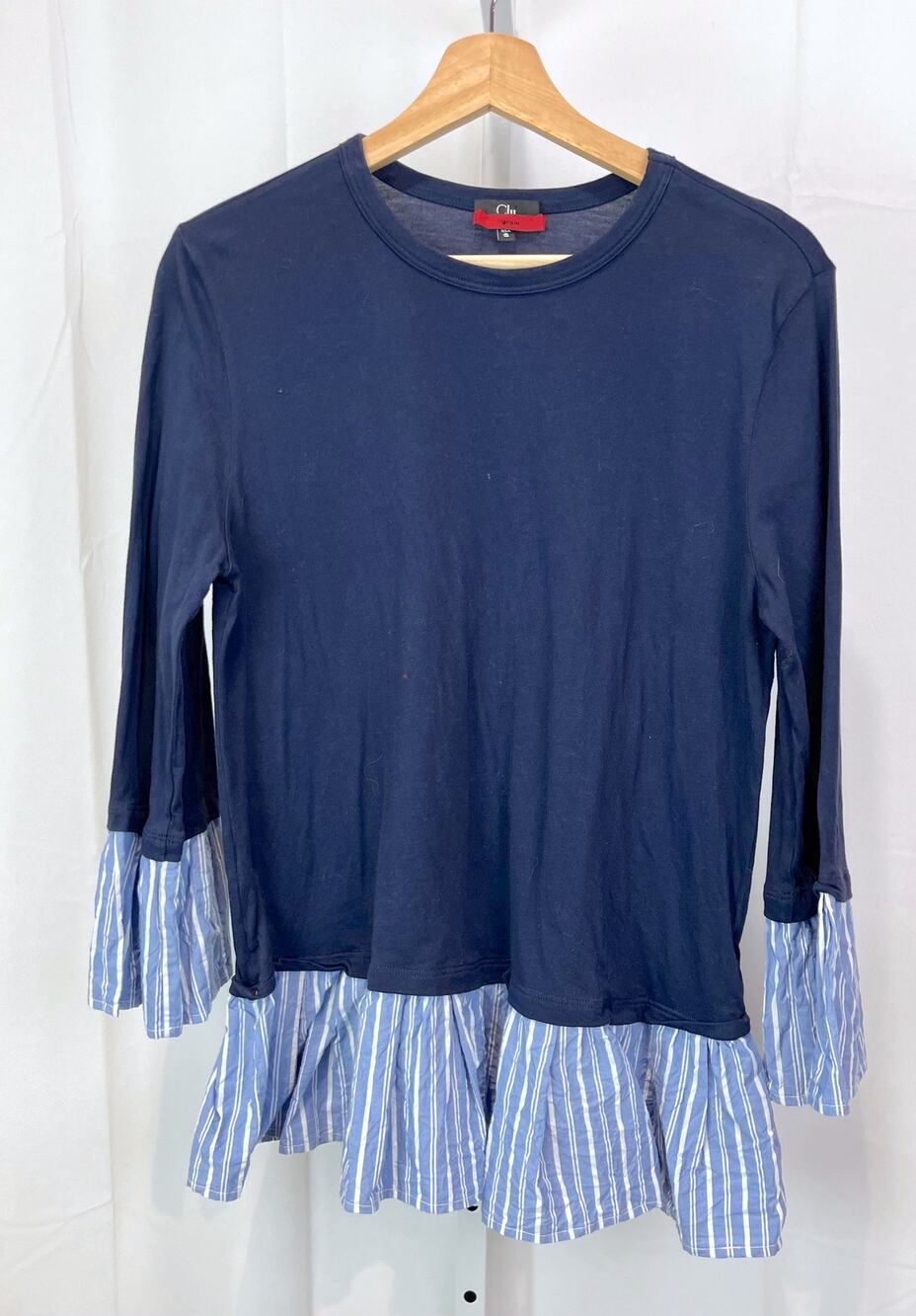 CLU Ikram Size S Layered Look Top 3/4 Sleeve Ruffle Cuff Hem USA Blue